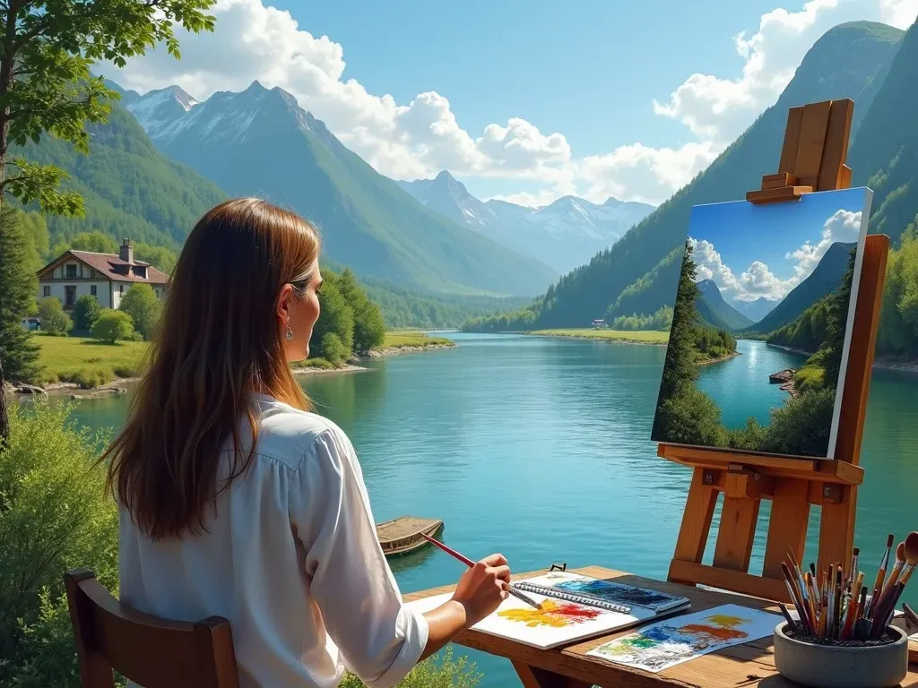 Artist Paints a River Landscape