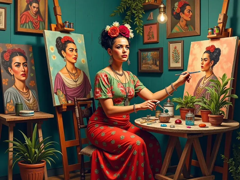 Frida Kahlo in her studio